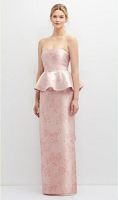 Floral Strapless Satin Maxi Bridesmaid Dress With Cascade