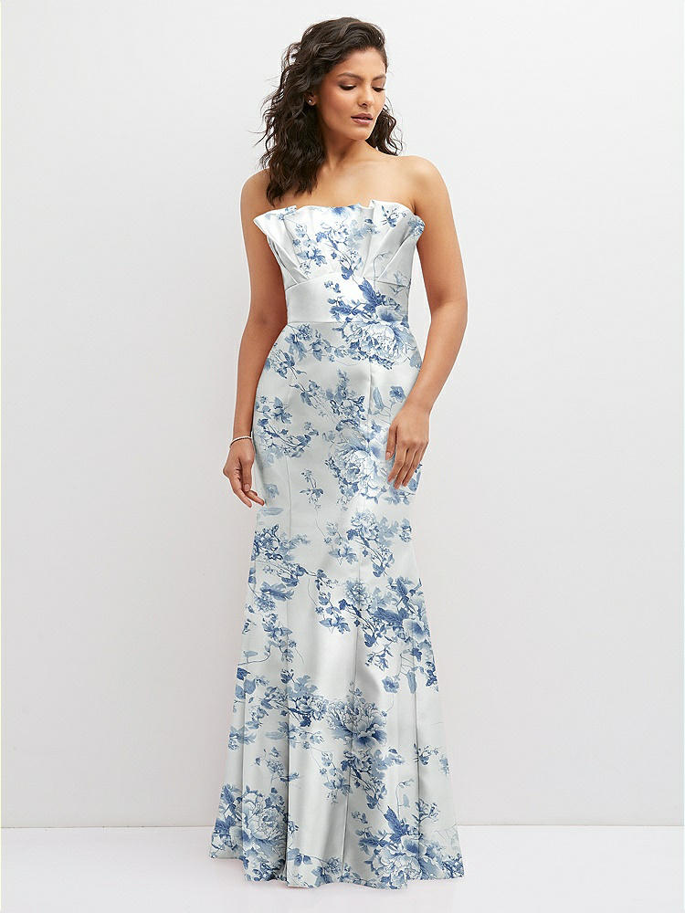 Draped Bodice Strapless Floral Midi Bridesmaid Dress With
