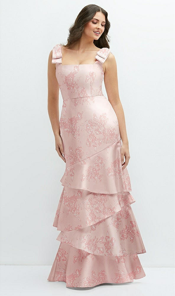 Front View - Bow And Blossom Print Floral Bow-Shoulder Satin Maxi Dress with Asymmetrical Tiered Skirt