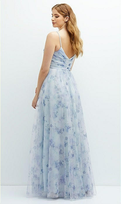 Floral Ruched Wrap Bodice Tulle Bridesmaid Dress With Long