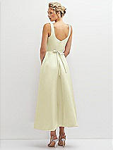 Rear View Thumbnail - Butter Yellow Square Neck Satin Midi Dress with Full Skirt & Flower Sash