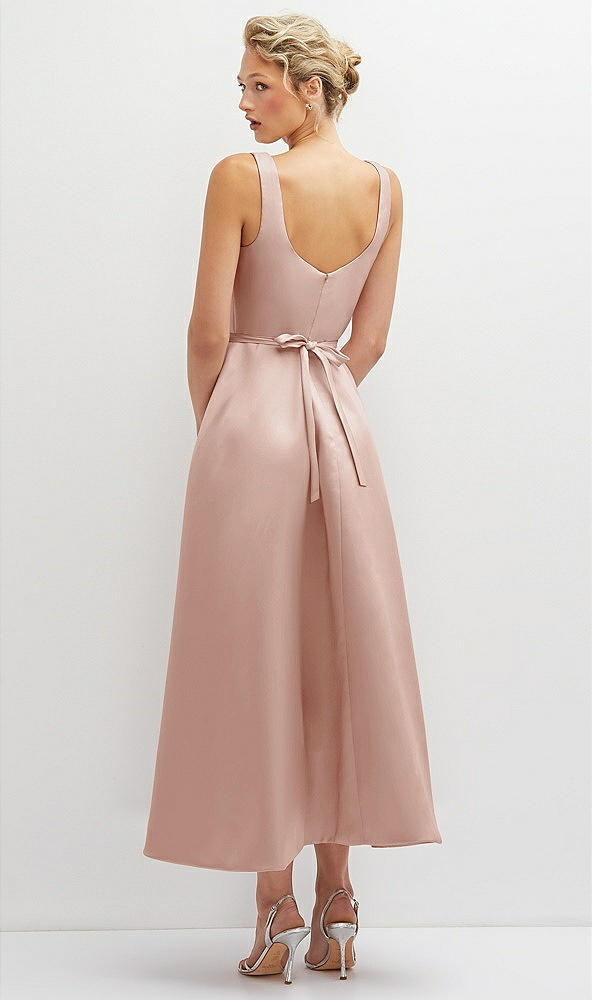 Back View - Toasted Sugar Square Neck Satin Midi Dress with Full Skirt & Flower Sash