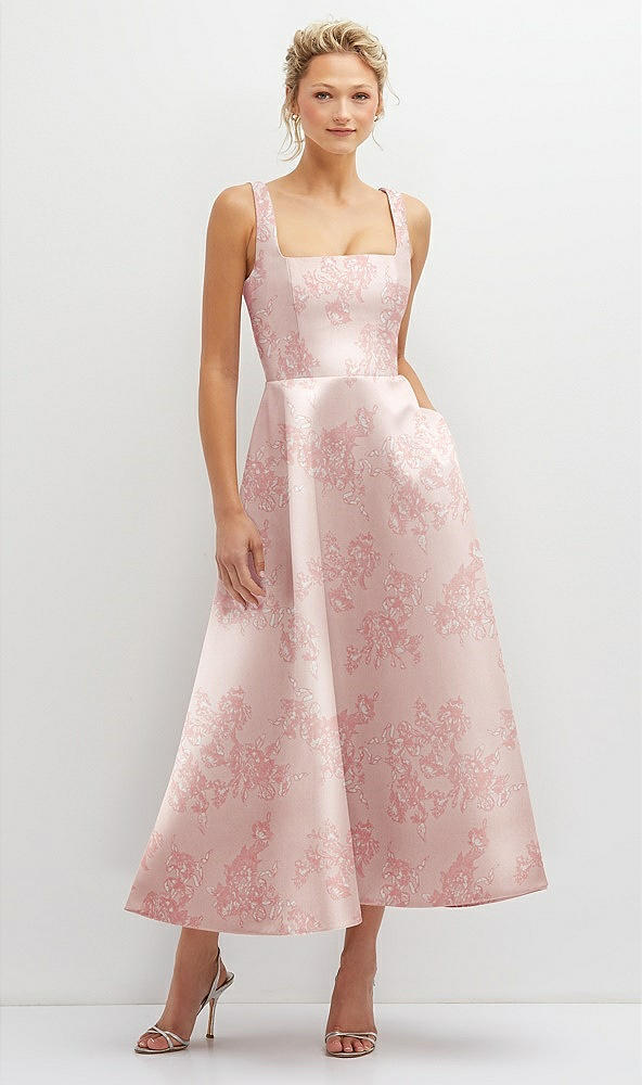 Front View - Bow And Blossom Print Floral Square Neck Satin Midi Dress with Full Skirt & Pockets