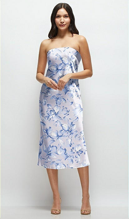 Floral Strapless Midi Bias Column Bridesmaid Dress With Peek
