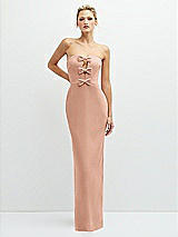 Front View Thumbnail - Pale Peach Rhinestone Bow Trimmed Peek-a-Boo Deep-V Maxi Dress with Pencil Skirt
