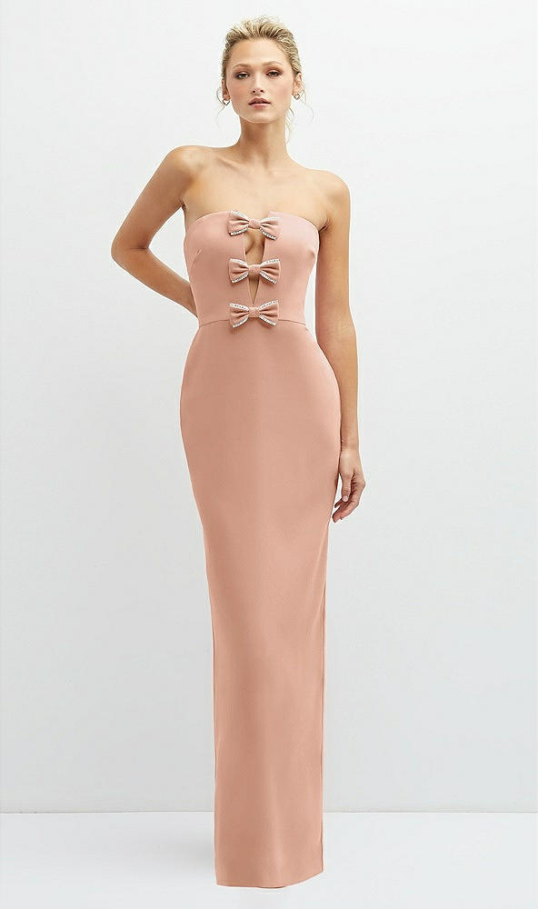 Front View - Pale Peach Rhinestone Bow Trimmed Peek-a-Boo Deep-V Maxi Dress with Pencil Skirt