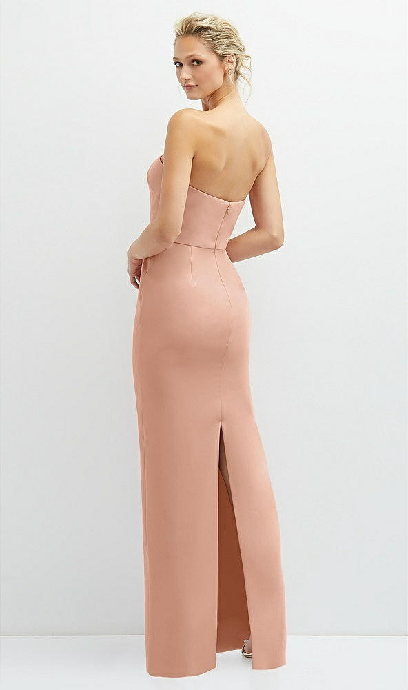 Back View - Pale Peach Rhinestone Bow Trimmed Peek-a-Boo Deep-V Maxi Dress with Pencil Skirt
