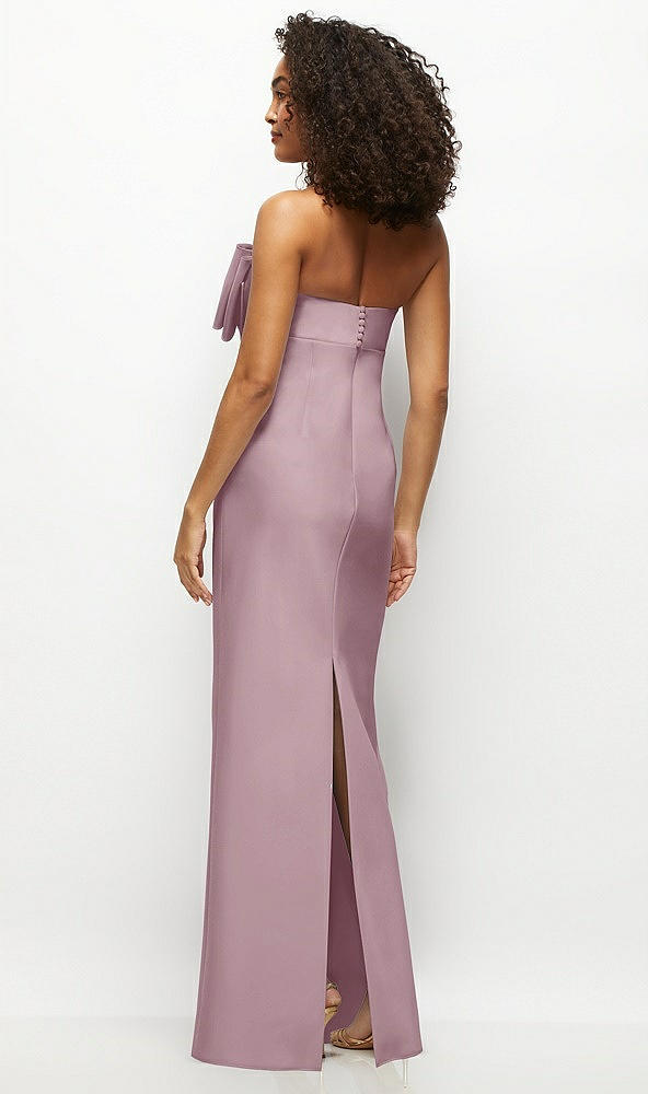 Back View - Dusty Rose Strapless Satin Column Maxi Dress with Oversized Handcrafted Bow