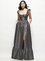 Front View Thumbnail - Caviar Gray Satin Corset Maxi Dress with Ruffle Straps & Skirt