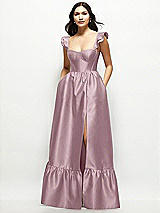 Front View Thumbnail - Dusty Rose Satin Corset Maxi Dress with Ruffle Straps & Skirt