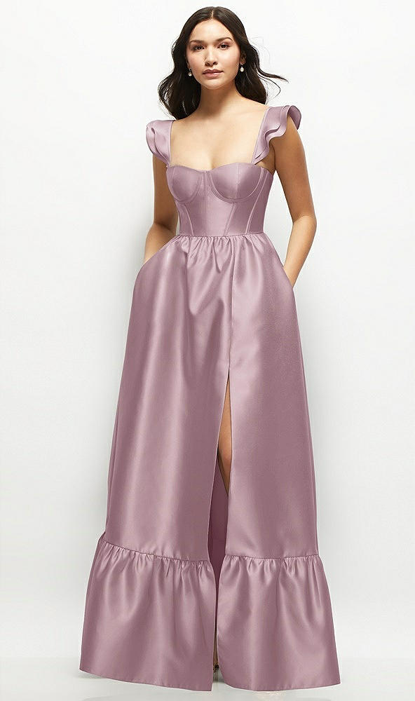 Front View - Dusty Rose Satin Corset Maxi Dress with Ruffle Straps & Skirt