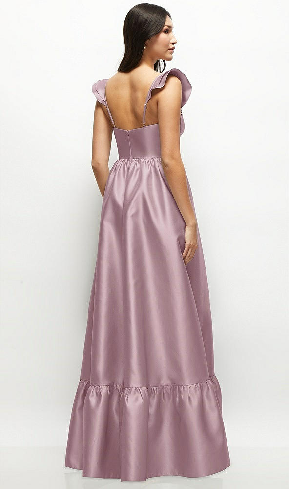 Back View - Dusty Rose Satin Corset Maxi Dress with Ruffle Straps & Skirt