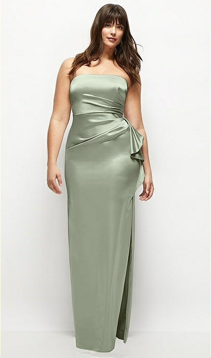 Strapless Draped Skirt Satin Maxi Bridesmaid Dress With Cascade  