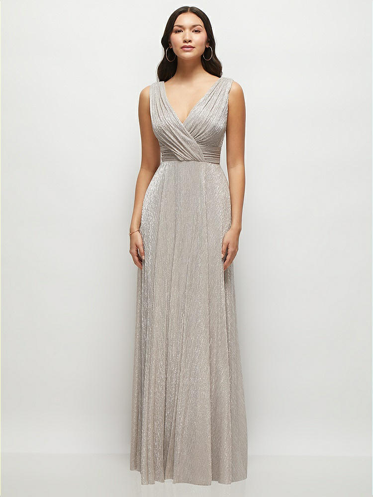 Streamer Sleeve Pleated Metallic Maxi Bridesmaid Dress With Streamer Sleeve Pleated Metallic Maxi Bridesmaid Dress With