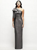 Front View Thumbnail - Caviar Gray Oversized Bow One-Shoulder Satin Column Maxi Dress