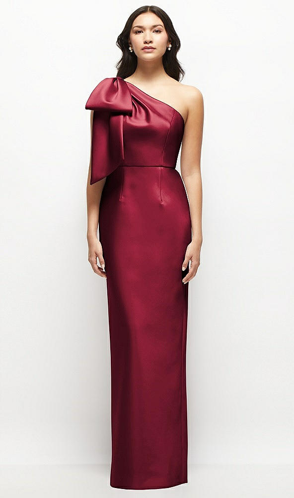 Front View - Burgundy Oversized Bow One-Shoulder Satin Column Maxi Dress