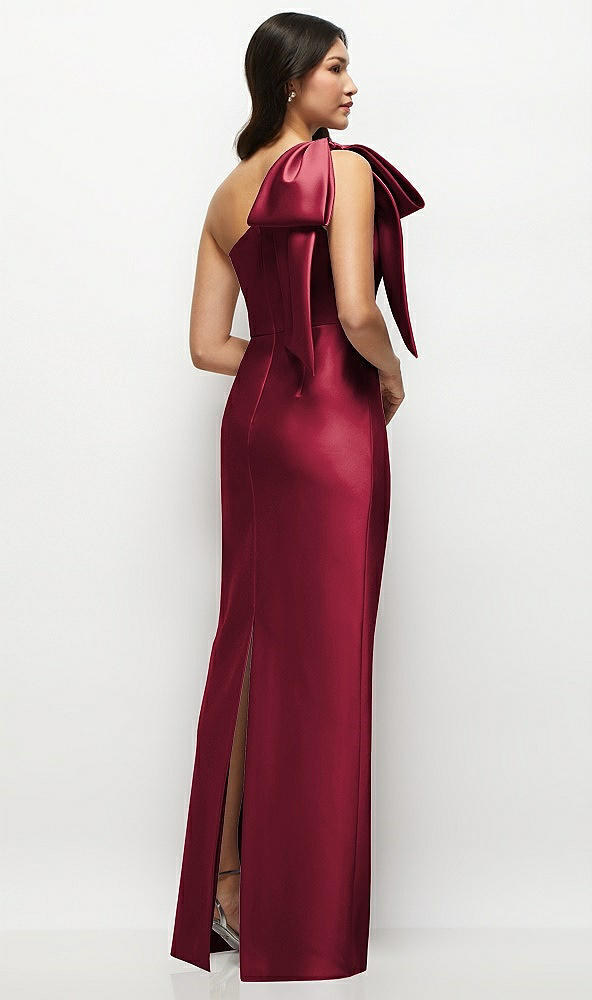Back View - Burgundy Oversized Bow One-Shoulder Satin Column Maxi Dress