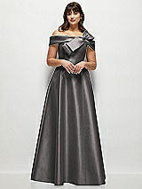 Alt View 1 Thumbnail - Caviar Gray Asymmetrical Bow Off-Shoulder Satin Gown with Ballroom Skirt