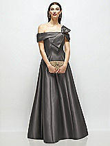 Front View Thumbnail - Caviar Gray Asymmetrical Bow Off-Shoulder Satin Gown with Ballroom Skirt