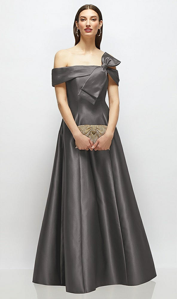 Front View - Caviar Gray Asymmetrical Bow Off-Shoulder Satin Gown with Ballroom Skirt