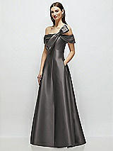 Side View Thumbnail - Caviar Gray Asymmetrical Bow Off-Shoulder Satin Gown with Ballroom Skirt
