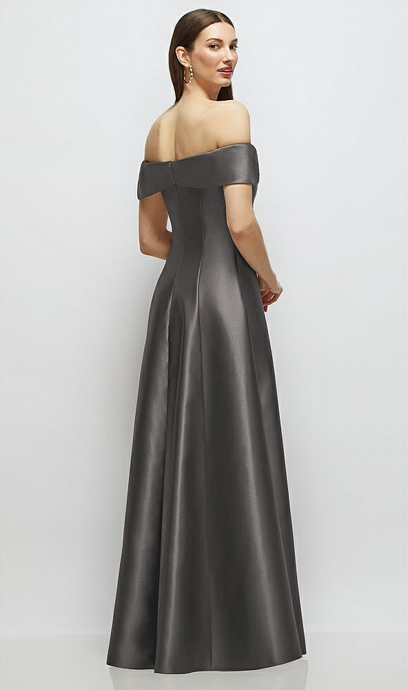 Back View - Caviar Gray Asymmetrical Bow Off-Shoulder Satin Gown with Ballroom Skirt