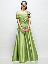 Front View Thumbnail - Mojito Asymmetrical Bow Off-Shoulder Satin Gown with Ballroom Skirt