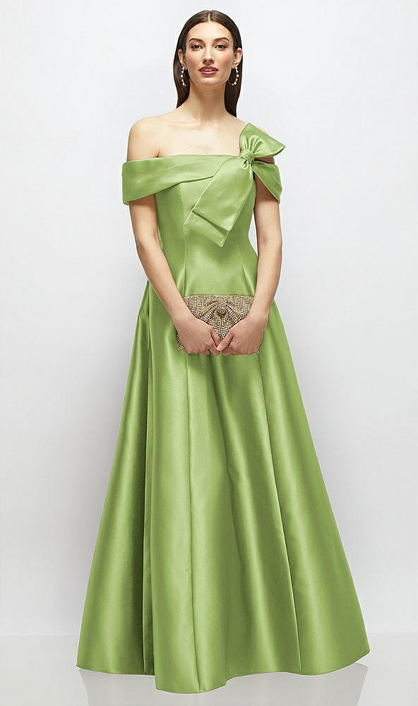 Front View - Mojito Asymmetrical Bow Off-Shoulder Satin Gown with Ballroom Skirt