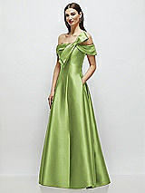 Side View Thumbnail - Mojito Asymmetrical Bow Off-Shoulder Satin Gown with Ballroom Skirt