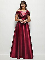 Alt View 1 Thumbnail - Burgundy Asymmetrical Bow Off-Shoulder Satin Gown with Ballroom Skirt