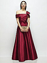 Front View Thumbnail - Burgundy Asymmetrical Bow Off-Shoulder Satin Gown with Ballroom Skirt