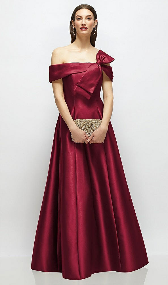 Front View - Burgundy Asymmetrical Bow Off-Shoulder Satin Gown with Ballroom Skirt