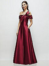 Side View Thumbnail - Burgundy Asymmetrical Bow Off-Shoulder Satin Gown with Ballroom Skirt