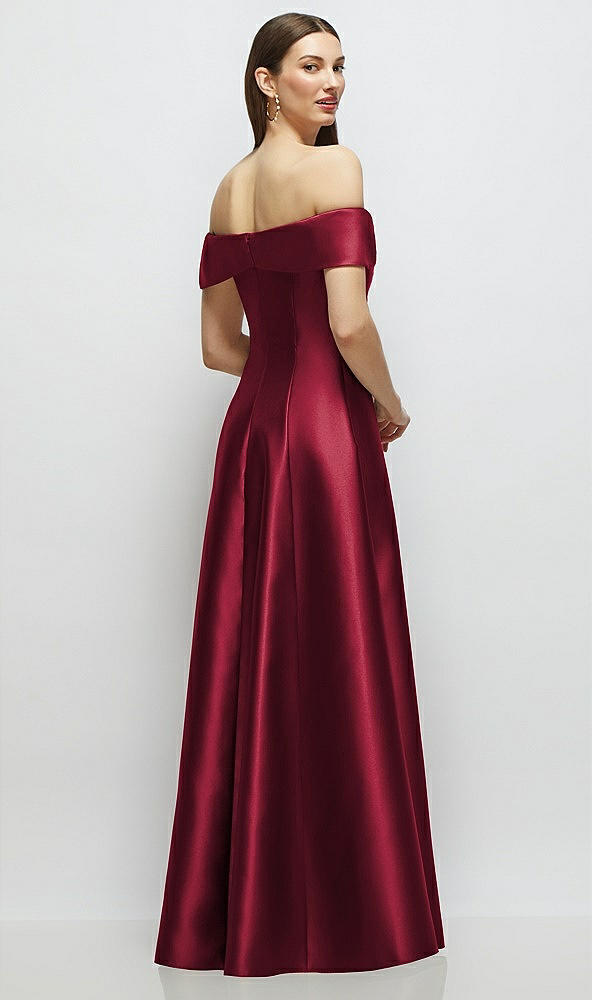 Back View - Burgundy Asymmetrical Bow Off-Shoulder Satin Gown with Ballroom Skirt