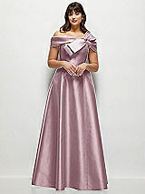 Alt View 1 Thumbnail - Dusty Rose Asymmetrical Bow Off-Shoulder Satin Gown with Ballroom Skirt