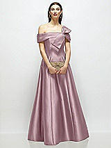 Front View Thumbnail - Dusty Rose Asymmetrical Bow Off-Shoulder Satin Gown with Ballroom Skirt