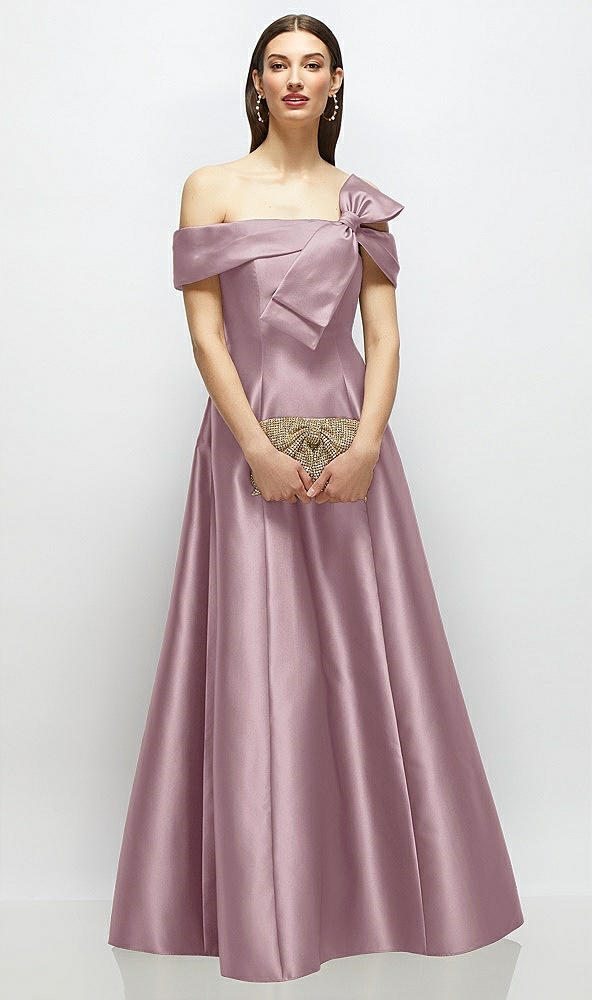 Front View - Dusty Rose Asymmetrical Bow Off-Shoulder Satin Gown with Ballroom Skirt