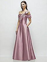Side View Thumbnail - Dusty Rose Asymmetrical Bow Off-Shoulder Satin Gown with Ballroom Skirt