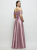 Rear View Thumbnail - Dusty Rose Asymmetrical Bow Off-Shoulder Satin Gown with Ballroom Skirt