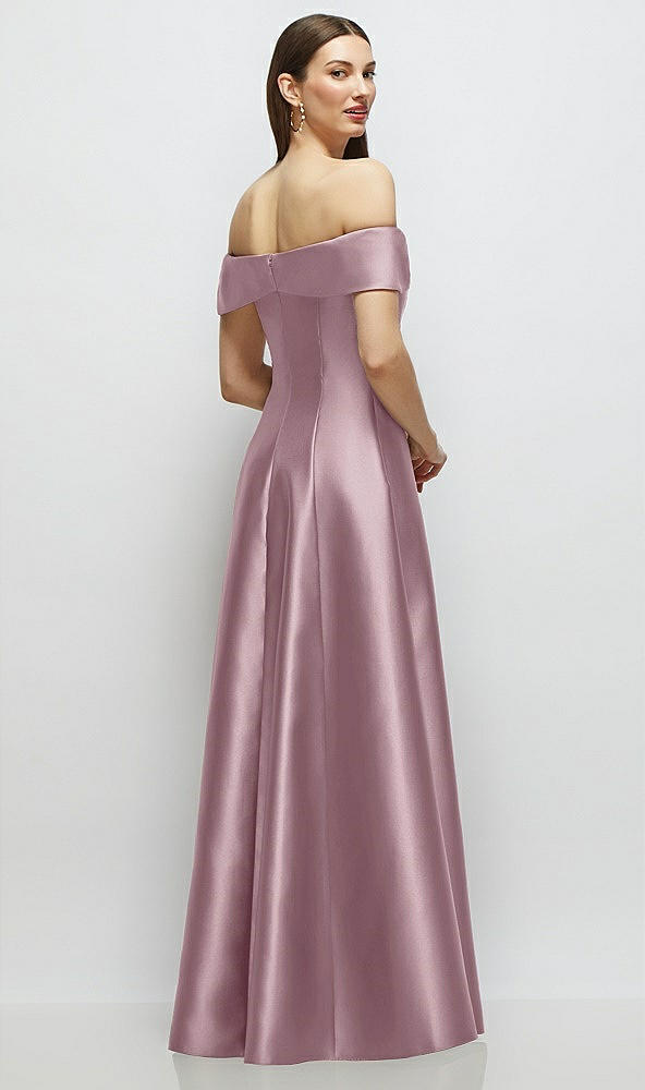 Back View - Dusty Rose Asymmetrical Bow Off-Shoulder Satin Gown with Ballroom Skirt