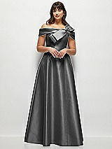 Alt View 1 Thumbnail - Gunmetal Asymmetrical Bow Off-Shoulder Satin Gown with Ballroom Skirt