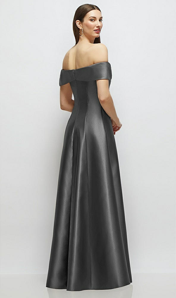 Back View - Gunmetal Asymmetrical Bow Off-Shoulder Satin Gown with Ballroom Skirt