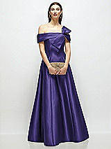 Front View Thumbnail - Grape Asymmetrical Bow Off-Shoulder Satin Gown with Ballroom Skirt