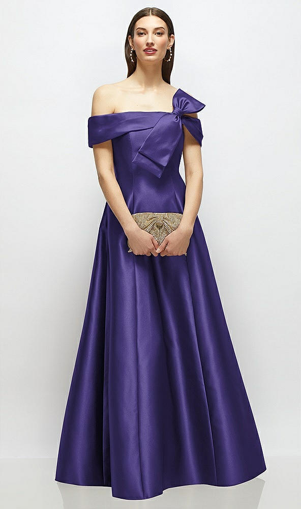 Front View - Grape Asymmetrical Bow Off-Shoulder Satin Gown with Ballroom Skirt