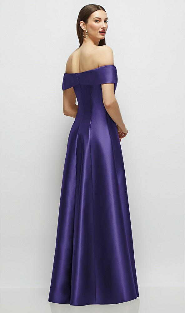 Back View - Grape Asymmetrical Bow Off-Shoulder Satin Gown with Ballroom Skirt