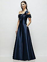 Side View Thumbnail - Midnight Navy Asymmetrical Bow Off-Shoulder Satin Gown with Ballroom Skirt