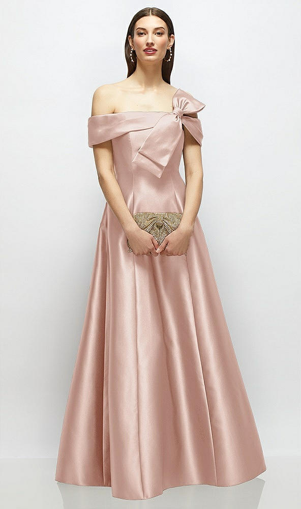 Front View - Toasted Sugar Asymmetrical Bow Off-Shoulder Satin Gown with Ballroom Skirt