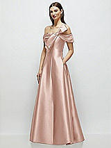 Side View Thumbnail - Toasted Sugar Asymmetrical Bow Off-Shoulder Satin Gown with Ballroom Skirt