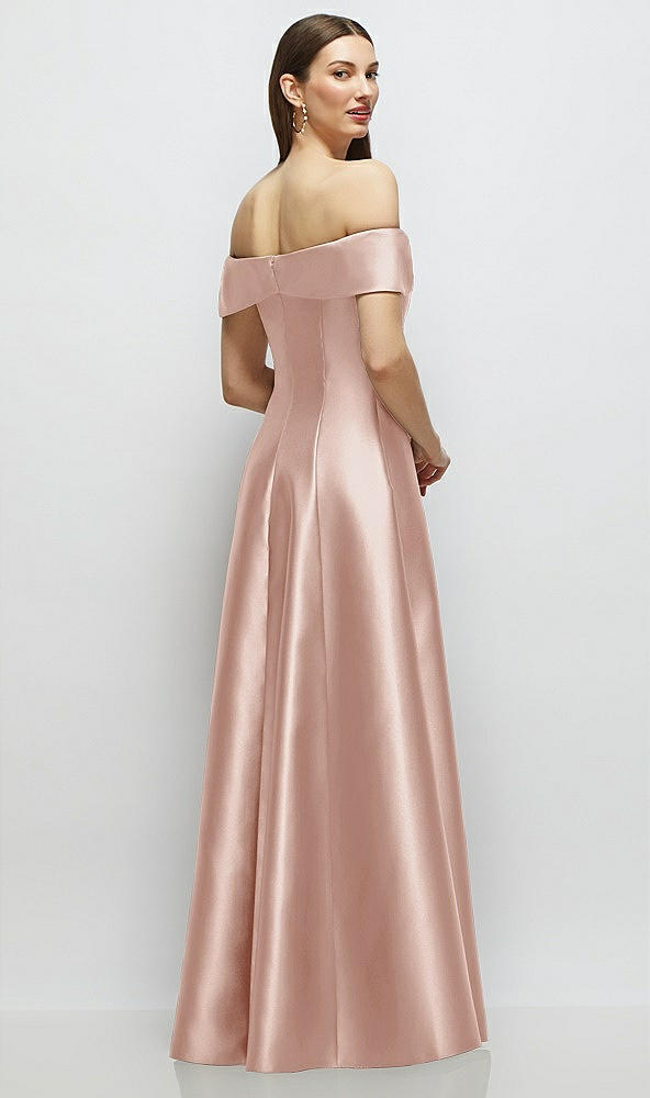 Back View - Toasted Sugar Asymmetrical Bow Off-Shoulder Satin Gown with Ballroom Skirt