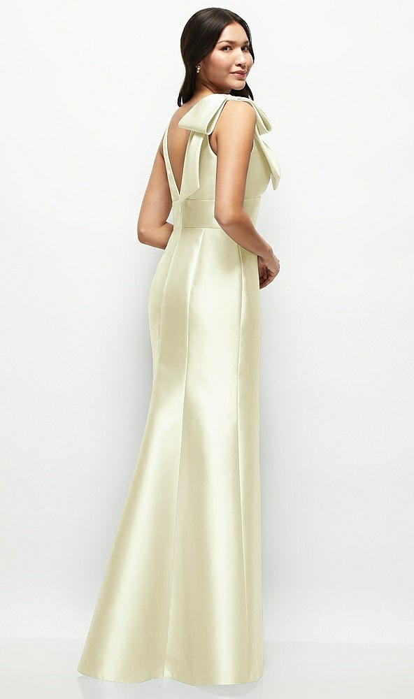 Back View - Butter Yellow Deep V-back Satin Trumpet Dress with Cascading Bow at One Shoulder